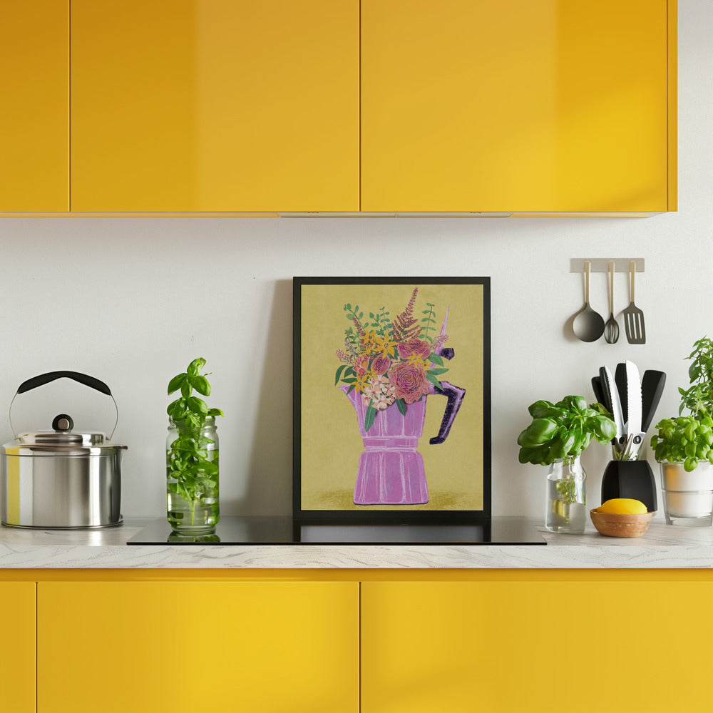 Espresso Maker with Flowers Poster