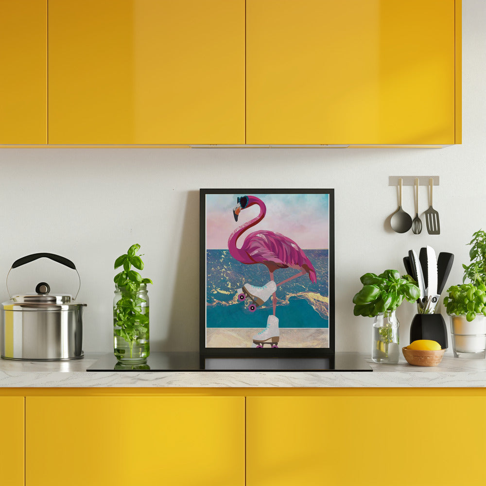 Flamingo rollerskating on the beach Poster