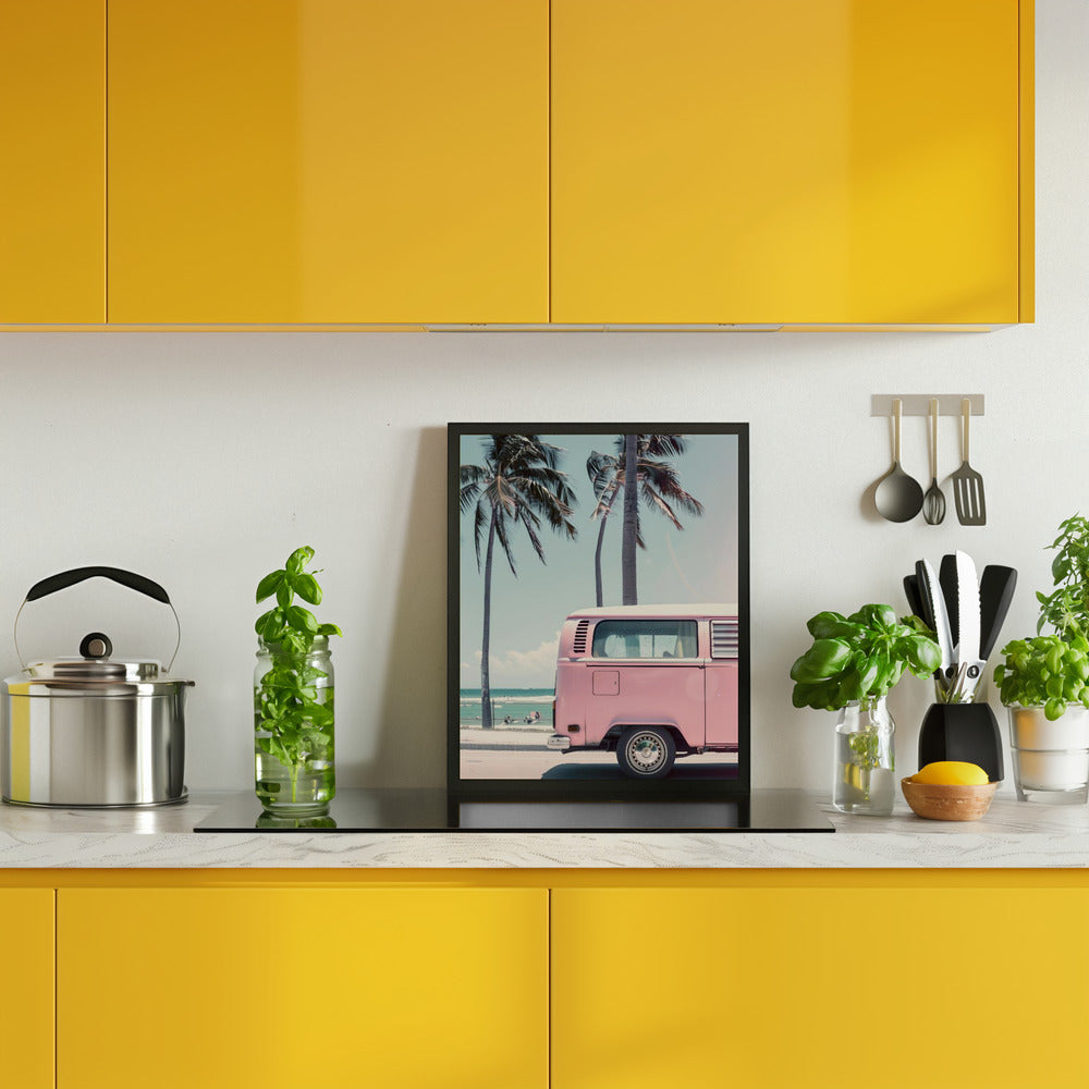 Pink Bus By the Beach Poster