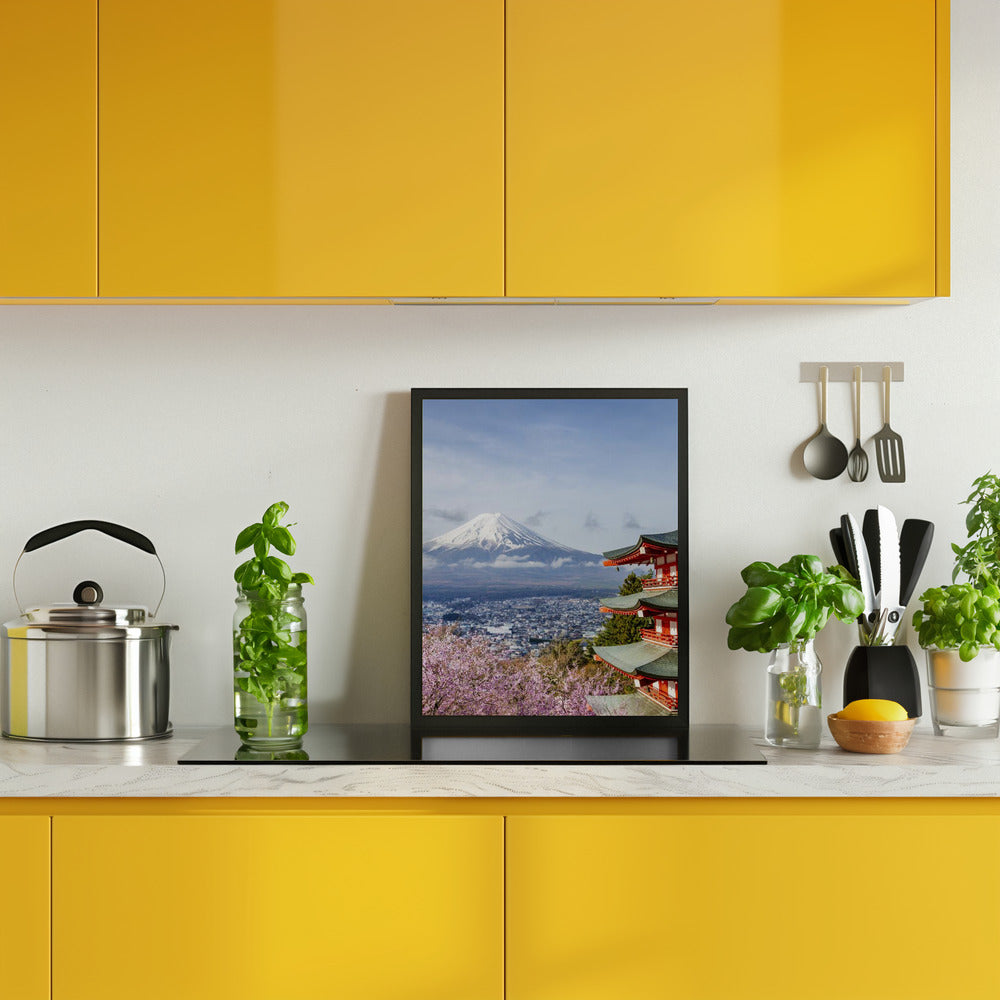 Unique view of Mount Fuji with Chureito Pagoda during cherry blossom season Poster