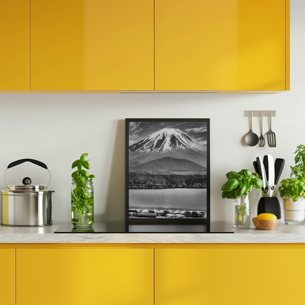 Picturesque Lake Shoji with striking Mount Fuji - monochrome Poster