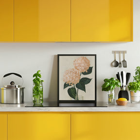 Coral hydrangeas in a vase Poster