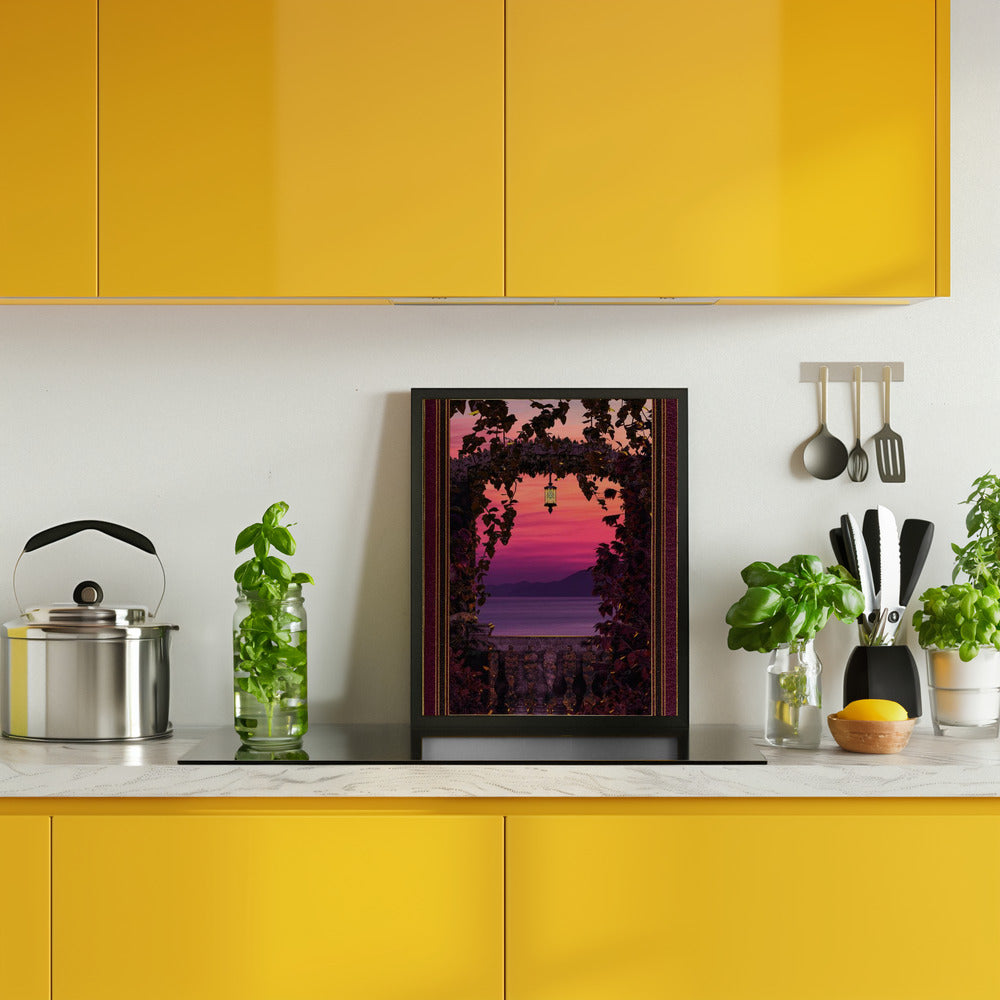 Sunset view with ornate &amp; gold burgundy frame Poster