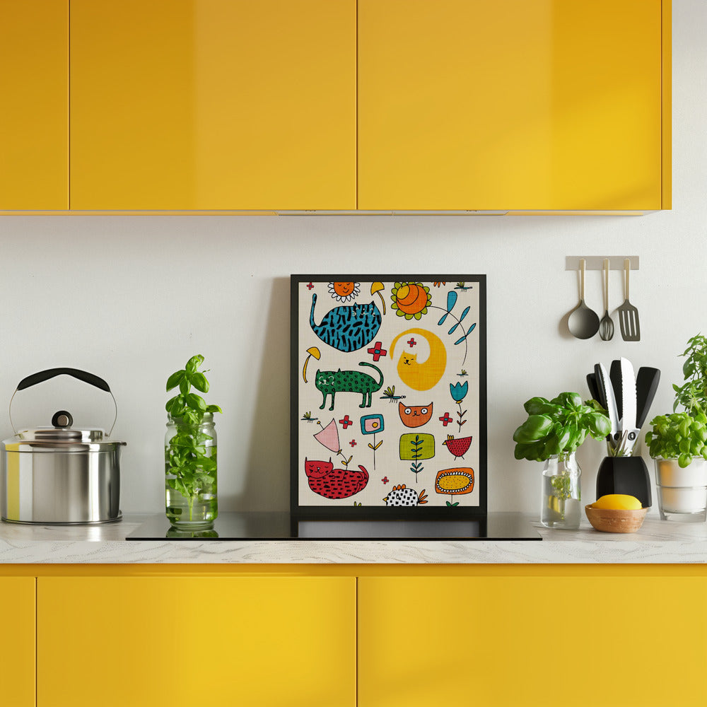 Spring Cat Beige - Cute Whimsical Cats with Flowers Poster