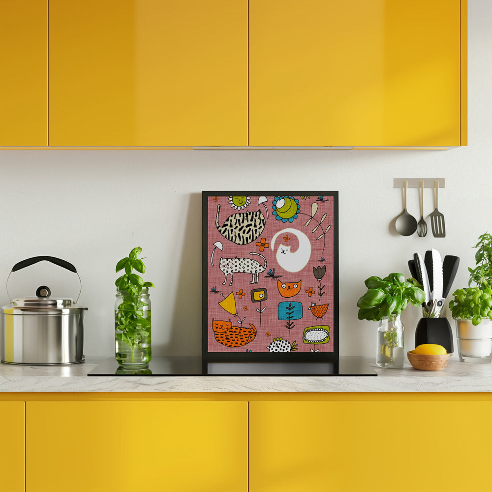 Spring Cat Pink - Cute Whimsical Cats with Flowers Poster