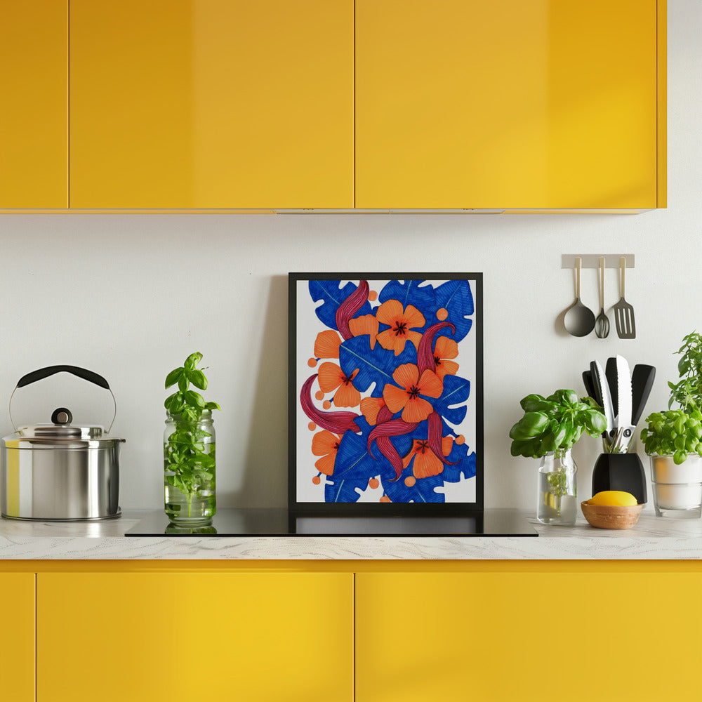 Hawaiian Orange and Blue Florals Poster