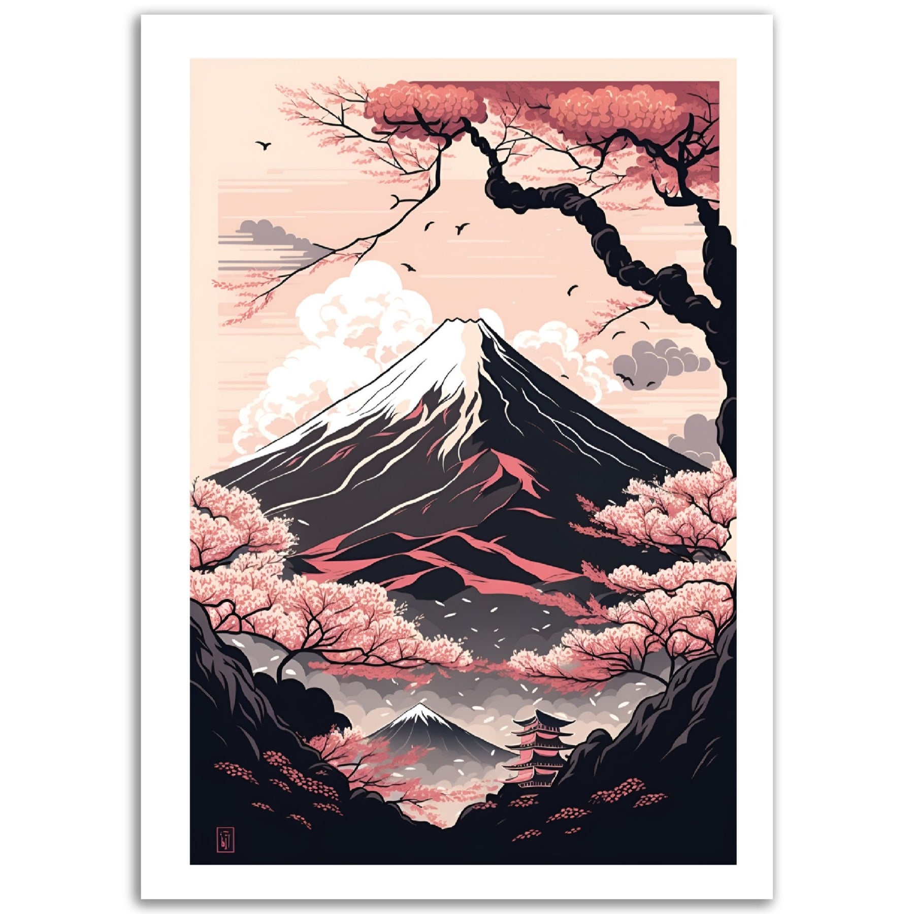 Monte Fuji Japón durante la temporada de los cerezos en flor Póster 