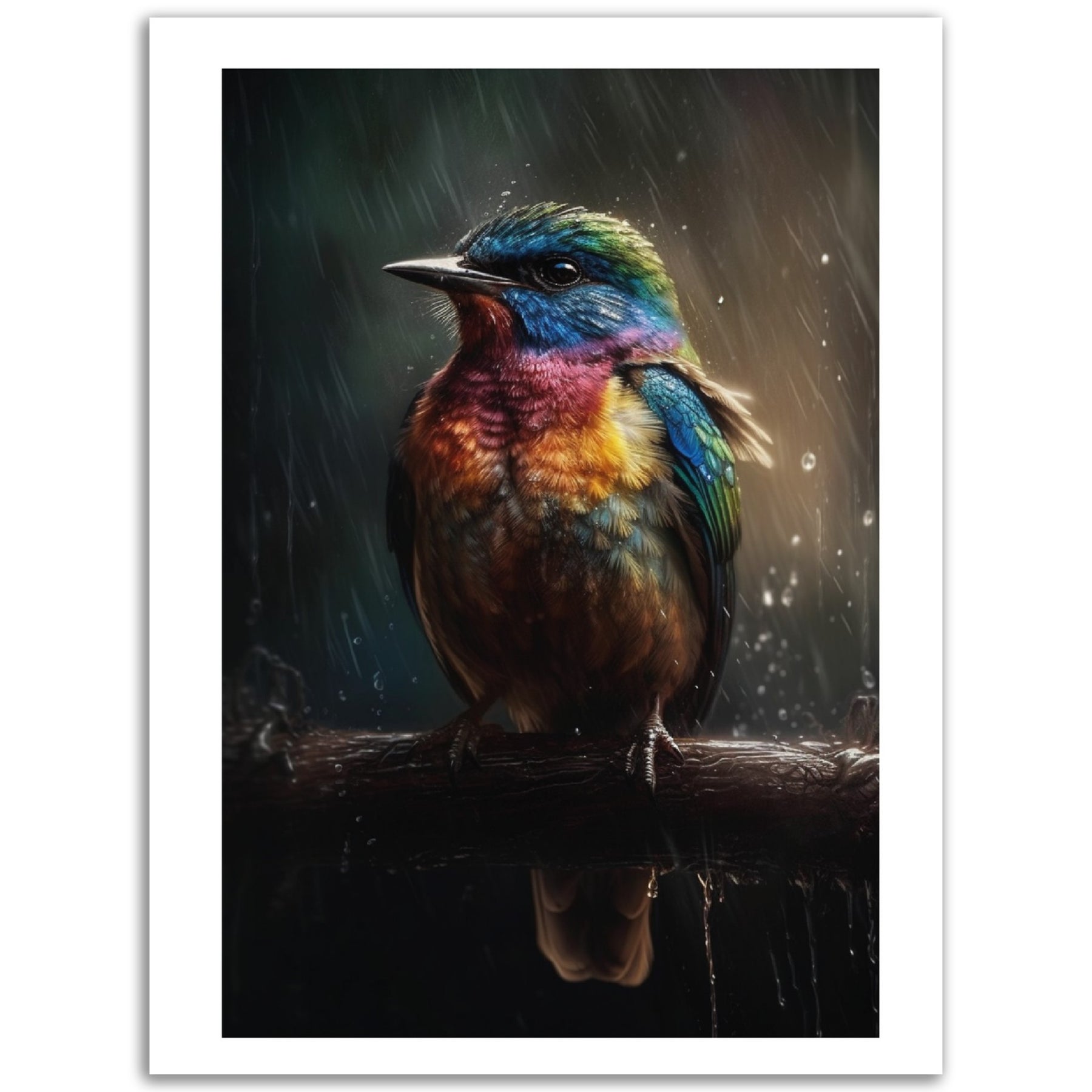 Pájaro colorido sentado bajo la lluvia Póster