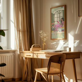 Woman reads on balcony Poster